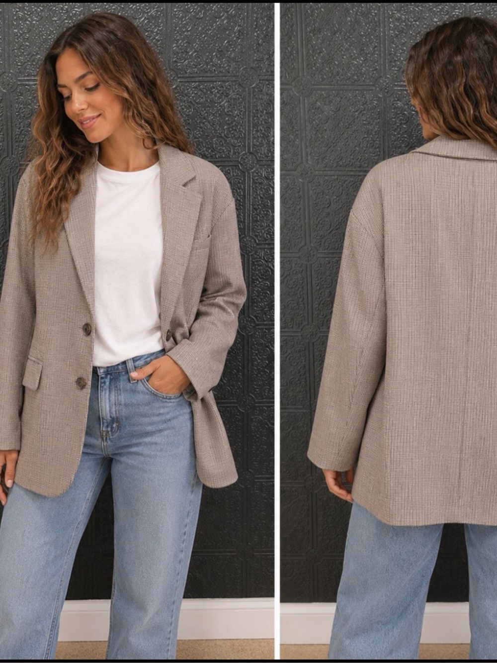 a new day Beige Houndstooth Blazer with Brown Lining